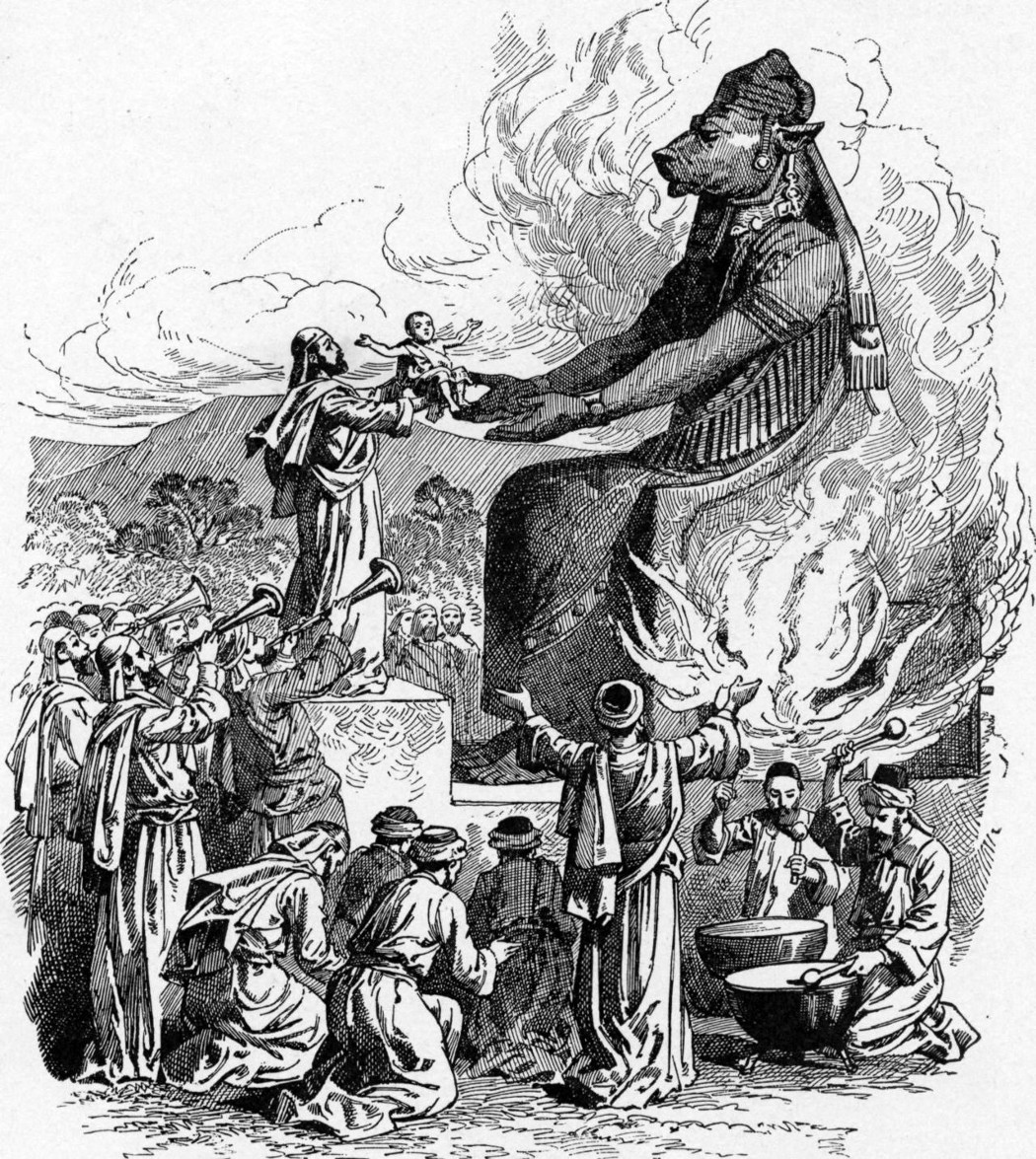 Black and white drawing of a worshiper presenting a child to the deity Moloch