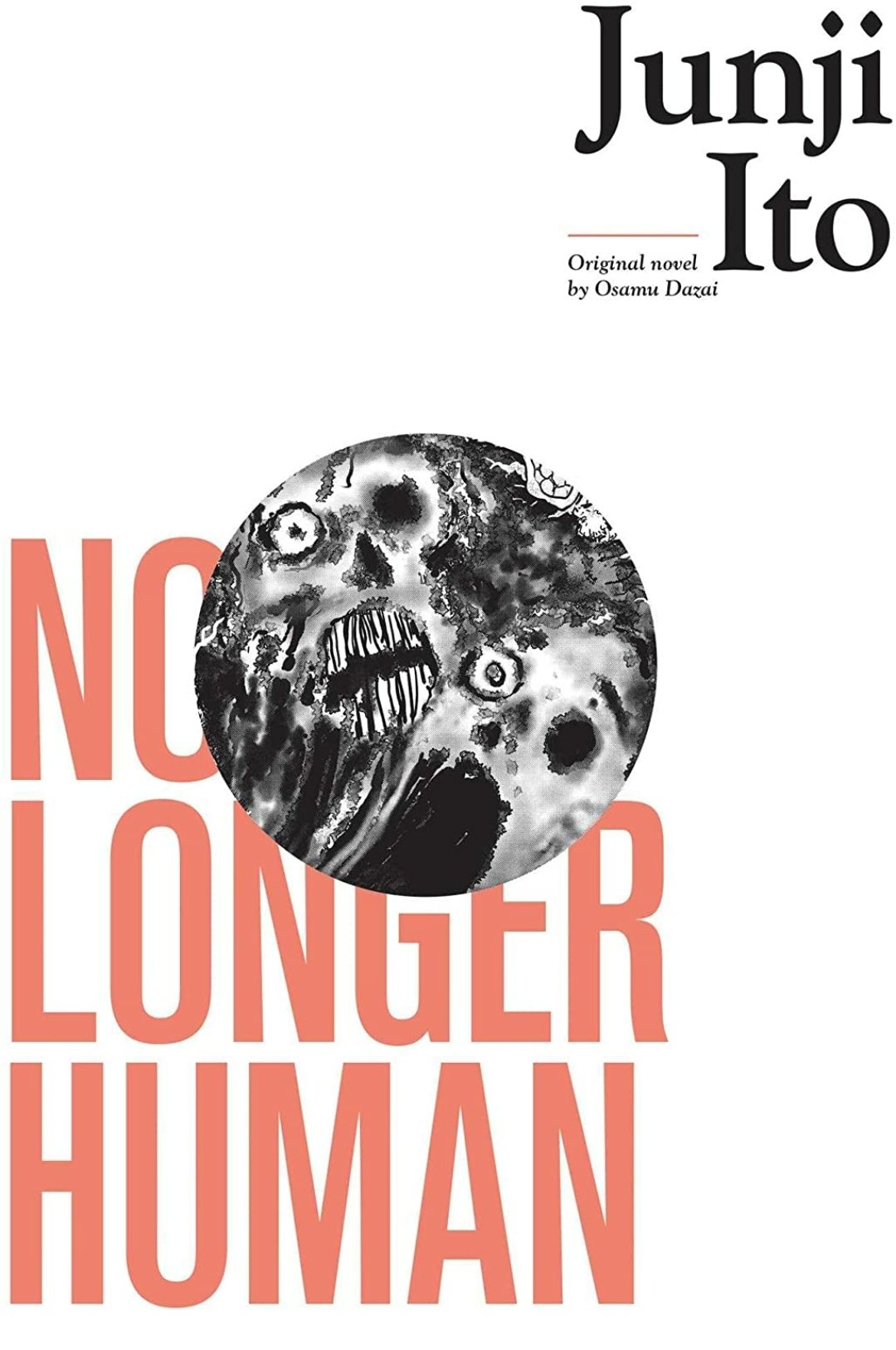 The cover of the English Language version of the Junji Ito manga 'No Longer Human.' Cover is minimalistic, mostly block text on a white background, with a small cutout of Ito's art in the center.